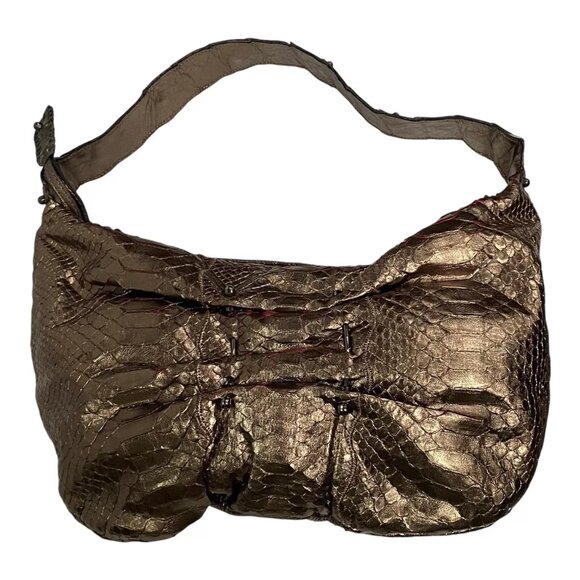 FATTO A MANO BY CARLOS FALCHI Python Snake Skin Bronze Metallic Shoulder Bag - Picture 1 of 11